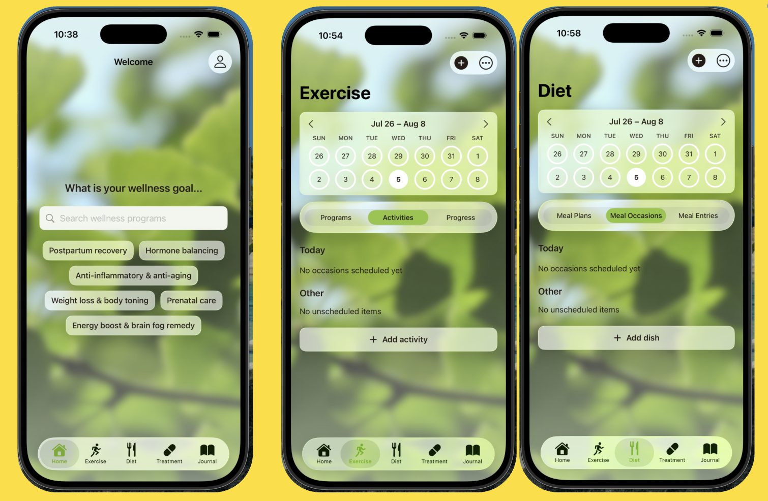 Three VIVIStella app screens showing wellness goals, Exercise, and Diet
