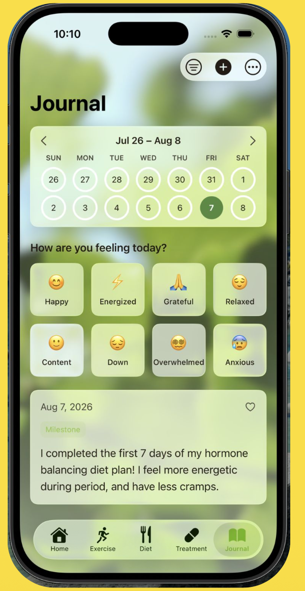 VIVIStella Journal showing an emotion check-in and a personal milestone entry